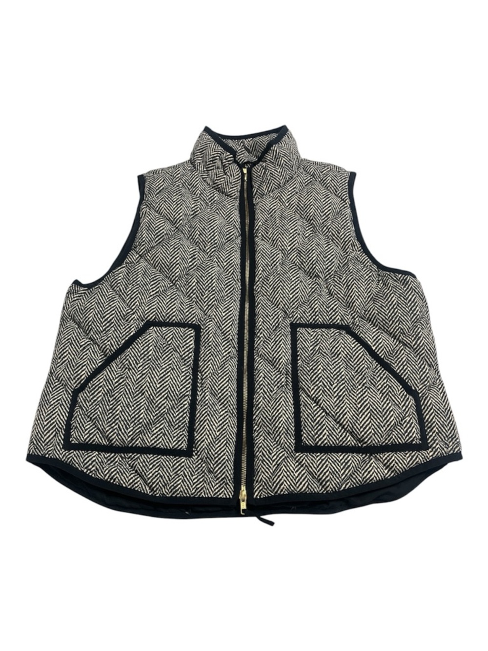 J. Crew Down Black and Cream Quilted Herringbone Vest